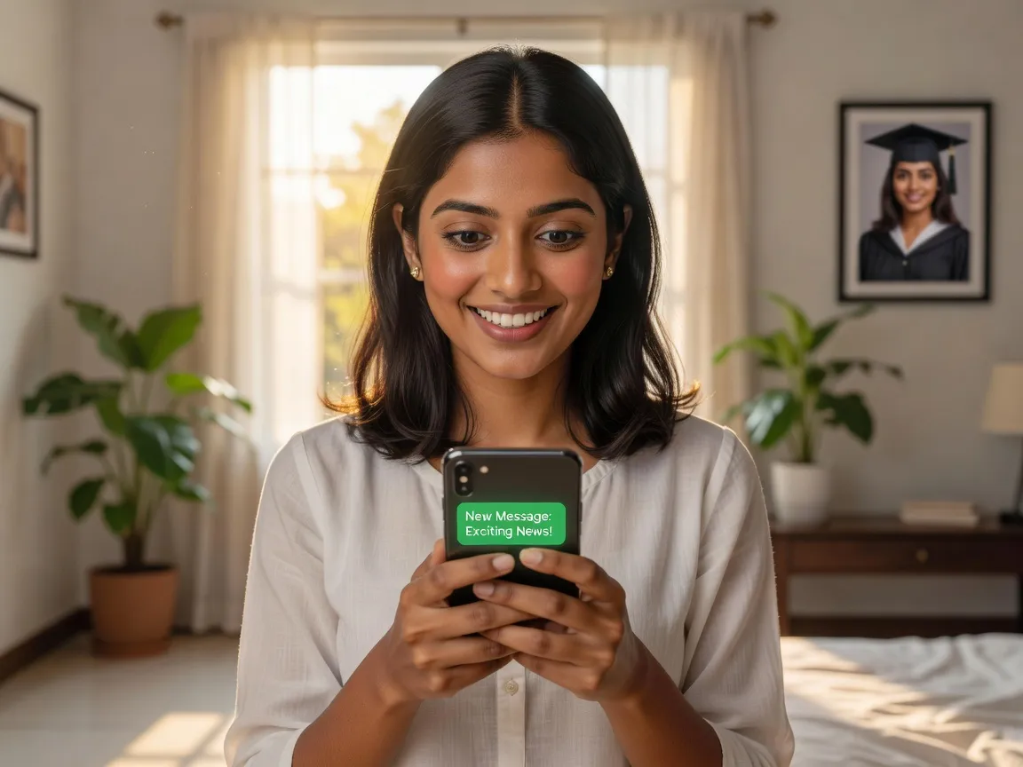 Aisha smiling at her phone as an interview invite arrives