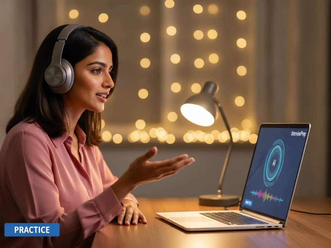 Aisha practising a voice mock interview with the AI, wearing headphones