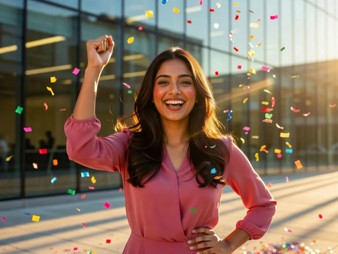 Aisha celebrating with a fist pump and confetti after getting hired